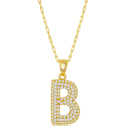 Classic Women's Necklace - Gold Tone Pave CZ B Initial with Paperclip Chain | M-6698 ,