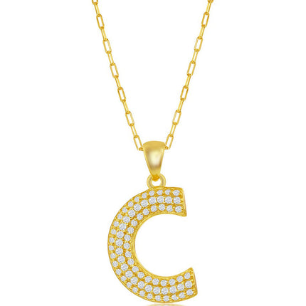 Classic Women's Necklace - Gold Tone Pave CZ C Initial with Paperclip Chain | M-6699 ,