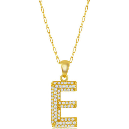 Classic Women's Necklace - Gold Tone Pave CZ E Initial with Paperclip Chain | M-6701 ,