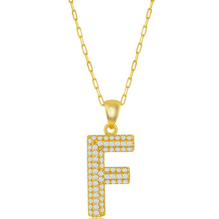 Classic Women's Necklace - Gold Tone Pave CZ F Initial with Paperclip Chain | M-6702 ,