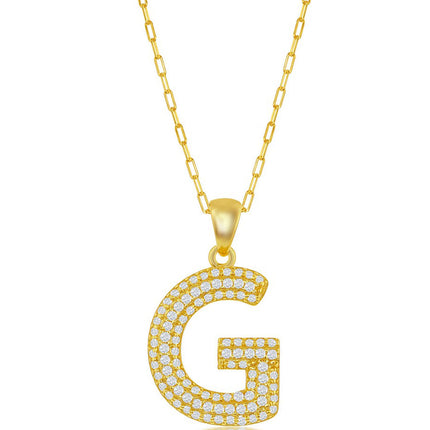 Classic Women's Necklace - Gold Tone Pave CZ G Initial with Paperclip Chain | M-6703 ,