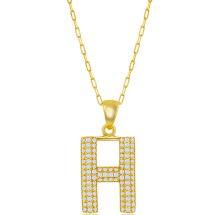 Classic Women's Necklace - Gold Tone Pave CZ H Initial with Paperclip Chain | M-6704 ,