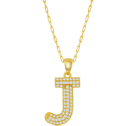 Classic Women's Necklace - Gold Tone Pave CZ J Initial with Paperclip Chain | M-6706 ,