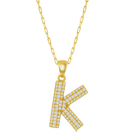 Classic Women's Necklace - Gold Tone Pave CZ K Initial with Paperclip Chain | M-6707 ,