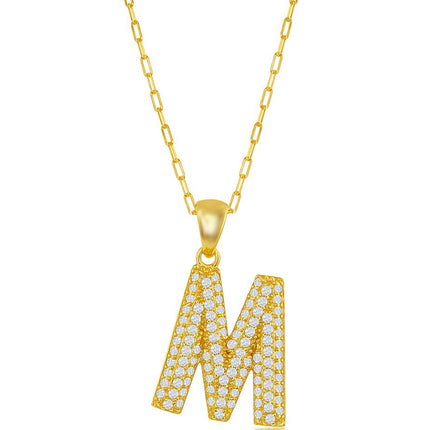 Classic Women's Necklace - Gold Tone Pave CZ M Initial with Paperclip Chain | M-6709 ,