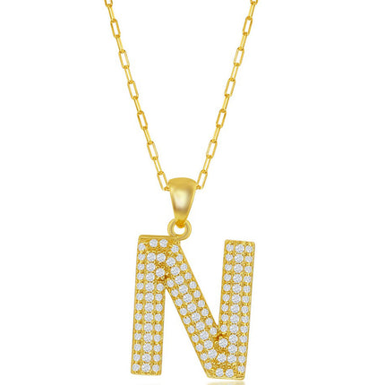 Classic Women's Necklace - Gold Tone Pave CZ N Initial with Paperclip Chain | M-6710 ,