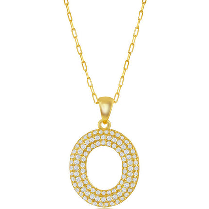 Classic Women's Necklace - Gold Tone Pave CZ O Initial with Paperclip Chain | M-6711 ,