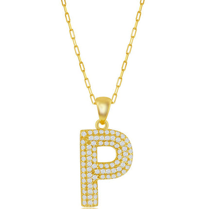 Classic Women's Necklace - Gold Tone Pave CZ P Initial with Paperclip Chain | M-6712 ,