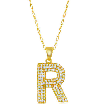 Classic Women's Necklace - Gold Tone Pave CZ R Initial with Paperclip Chain | M-6714 ,