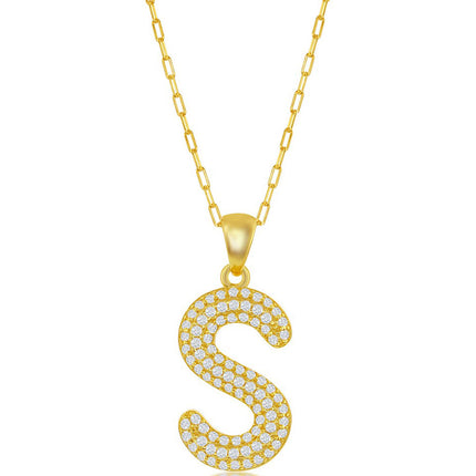 Classic Women's Necklace - Gold Tone Pave CZ S Initial with Paperclip Chain | M-6715 ,