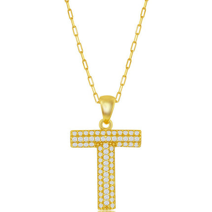 Classic Women's Necklace - Gold Tone Pave CZ T Initial with Paperclip Chain | M-6716 ,