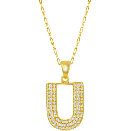 Classic Women's Necklace - Gold Tone Pave CZ U Initial with Paperclip Chain | M-6717 ,