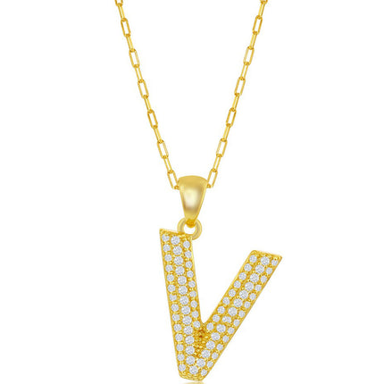 Classic Women's Necklace - Gold Tone Pave CZ V Initial with Paperclip Chain| M-6718 ,