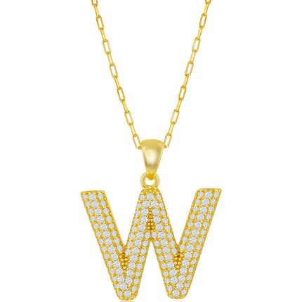 Classic Women's Necklace - Gold Tone Pave CZ W Initial with Paperclip Chain| M-6719 ,