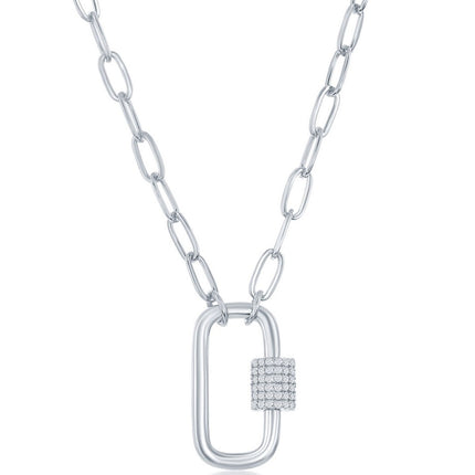 Classic Women's Necklace - Silver Micro Pave CZ Oval Carabiner Paperclip | M-6725 ,