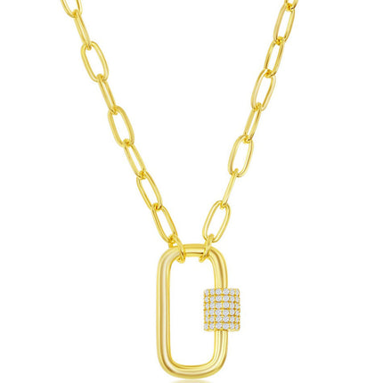 Classic Women's Necklace - Gold Micro Pave CZ Oval Carabiner Paperclip | M-6725-GP ,