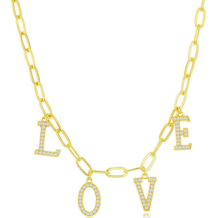 Classic Women's Necklace - Sterling Silver Gold Plated CZ LOVE Paperclip | M-6726-GP ,