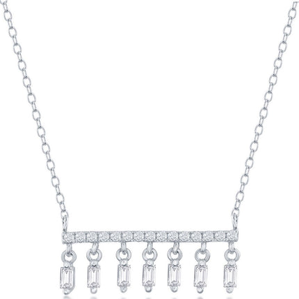 Classic Women's Necklace - Silver Bar with Baguette CZ Dangling Charms | M-6733 ,