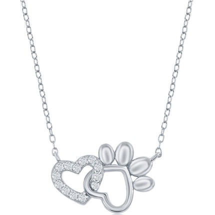 Classic Women's Necklace - Sterling Silver White CZ Heart and Paw Print | M-6752 ,