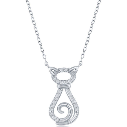 Classic Women's Necklace - Sterling Silver Rhodium Plated White CZ Cat | M-6753 ,