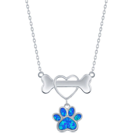 Women's Necklace - Silver Dog Bone with Heart and Blue Opal Paw | M-6755 ,