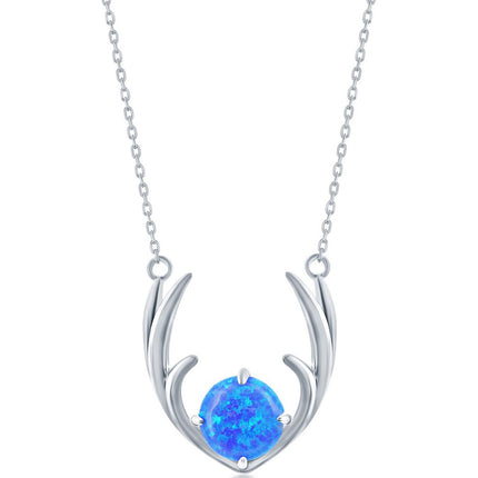 Women's Necklace - Sterling Silver Rhodium Plated Blue Opal Antlers | M-6757 ,