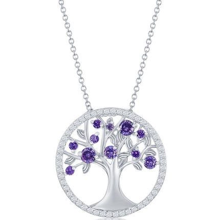 Classic Women's Necklace - Amethyst CZ February Birthstone Tree of Life | M-6761 ,