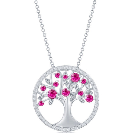 Classic Women's Necklace - Silver Ruby CZ July Birthstone Tree of Life | M-6766 ,