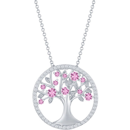 Classic Women's Necklace - Sterling Pink CZ October Birthstone Tree of Life | M-6769 ,