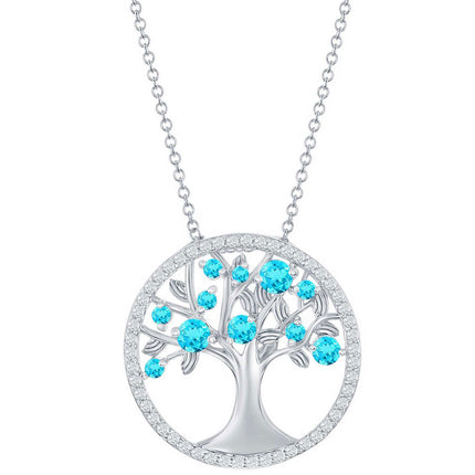 Classic Women's Necklace - Blue Topaz CZ December Birthstone Tree of Life | M-6771 ,
