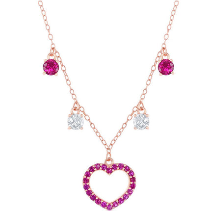 Classic Women's Necklace - RG Sterling Silver Station White and Ruby CZ Heart | M-6806 ,