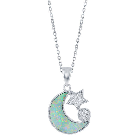 Women's Necklace - Sterling Silver White Opal ad CZ Moon and Star | M-6863 ,