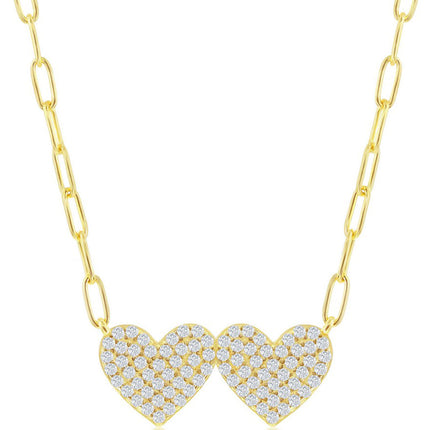 Classic Women's Necklace - Gold Plated Sterling Double Heart CZ Paperclip | M-6968 ,