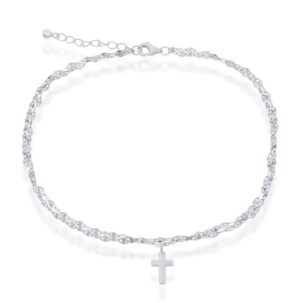 Classic Women's Anklet - Sterling Double Strand Mirror Chain Cross Charm | R-9260 ,