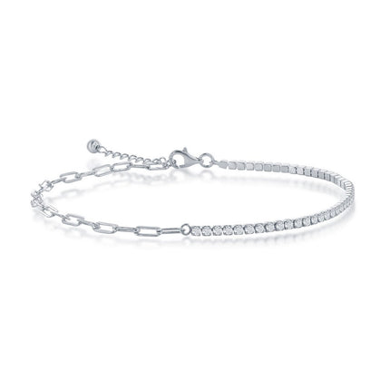 Classic Women's Anklet - Sterling Silver 2mm Half Tennis and 3.5mm Paperclip | R-9268 ,