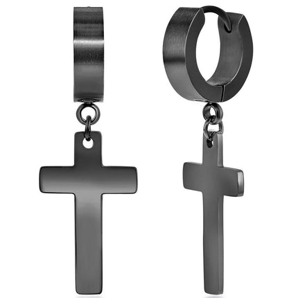 Women's Earrings - Black Steel Cross Charm Huggie Hoop | SA-6085 ,