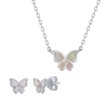 Women's Necklace and Earrings Set - Sterling Silver White Butterfly | SET-586 ,