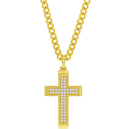 Men's Necklace - Gold Plated Stainless Steel Polished CZ Cross | SL-7087 ,