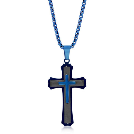 Men's Necklace - Stainless Steel Black and Blue 3D Cross | SL-7089 ,