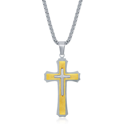 Men's Necklace - Stainless Steel Gold and Silver 3D Cross | SL-7090 ,