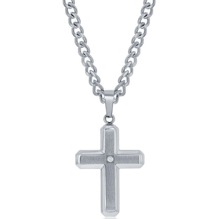 Men's Necklace - Brushed/Polished with Single CZ Cross | SL-7091 ,