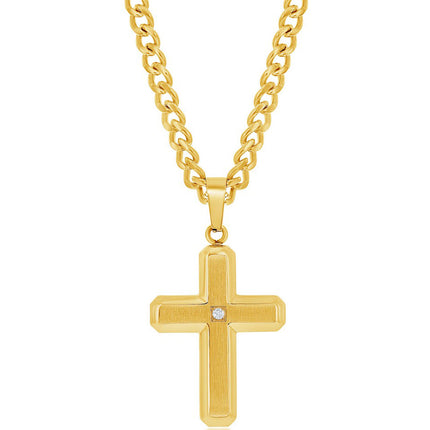 Men's Necklace - GP Steel Brushed and Polished Single CZ Cross | SL-7092 ,