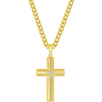 Men's Necklace - Gold Plated Stainless Steel and CZ Cross | SL-7093 ,