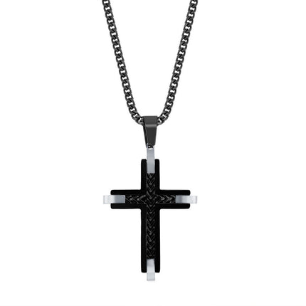 Men's Necklace - Stainless Steel Black and Silver Chevron Cross | SL-7102 ,
