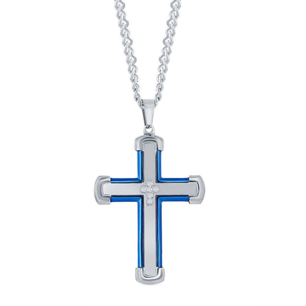 Men's Necklace - Stainless Steel Blue and Silver CZ Cross | SL-7103 ,