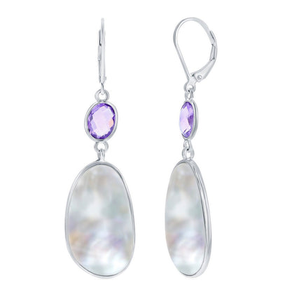 Women's Earrings - Sterling Silver Oval Amethyst and Irregular MOP | SMD-7345 ,