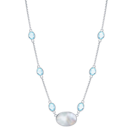 Women's Necklace - Sterling Silver Oval MOP and Round Blue Topaz | SMM-6328 ,