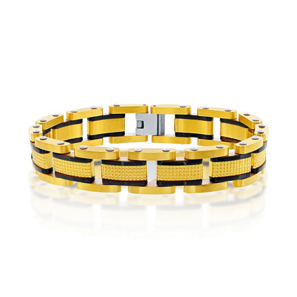 Men's Bracelet - Stainless Steel Gold and Black Textured Link | ST-1588 ,