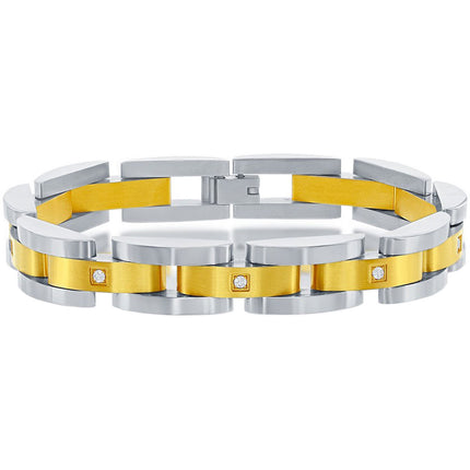 Men's Bracelet - Stainless Steel Gold and Silver Link White CZ | ST-1601 ,