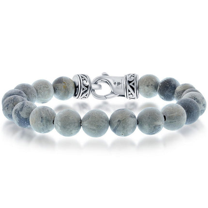Men's Bracelet - Stainless Steel 10mm Gray Jasper Stone Beaded | ST-1602 ,